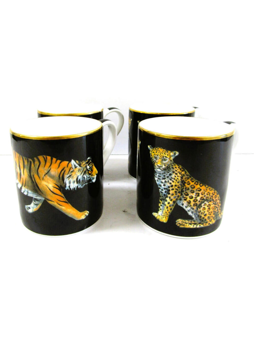 Set Four Halcyon Days Magnificent Wildlife Two Tiger and Two Twin Leopard Mugs